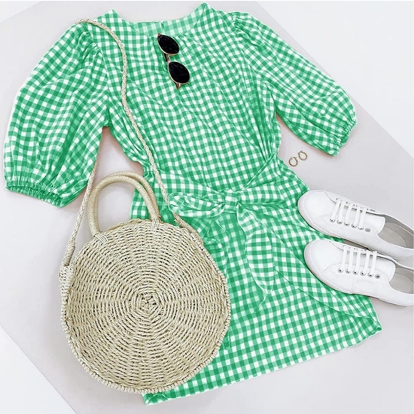 Womens Casual Plaid Crewneck Lantern Sleeve Wrap Tie Waist Party Short MiniDress - Picture 13 of 14